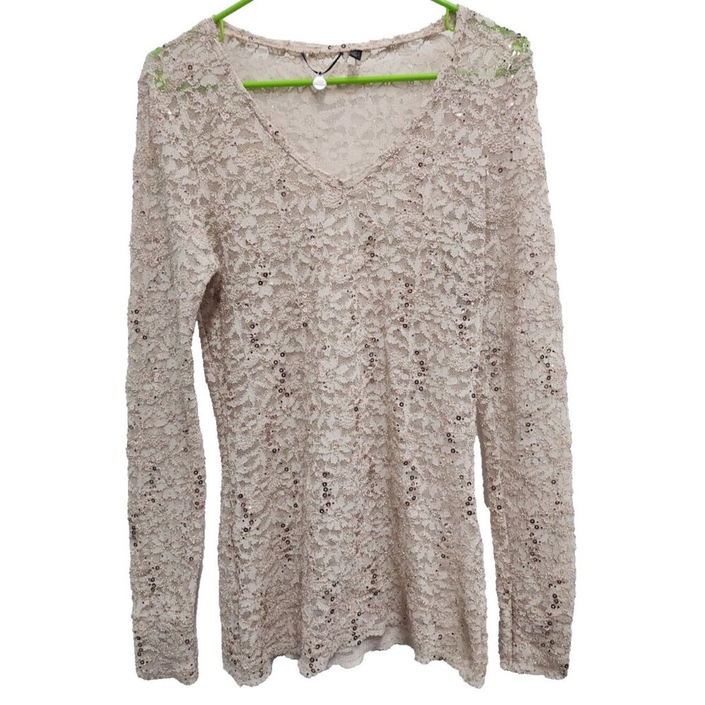 BKE‎ Boutique The Buckle Womens Beige Lace Top Medium Sequined Sheer Fairy Y2K